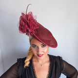 Burgundy large flower saucer disc fascinator hat