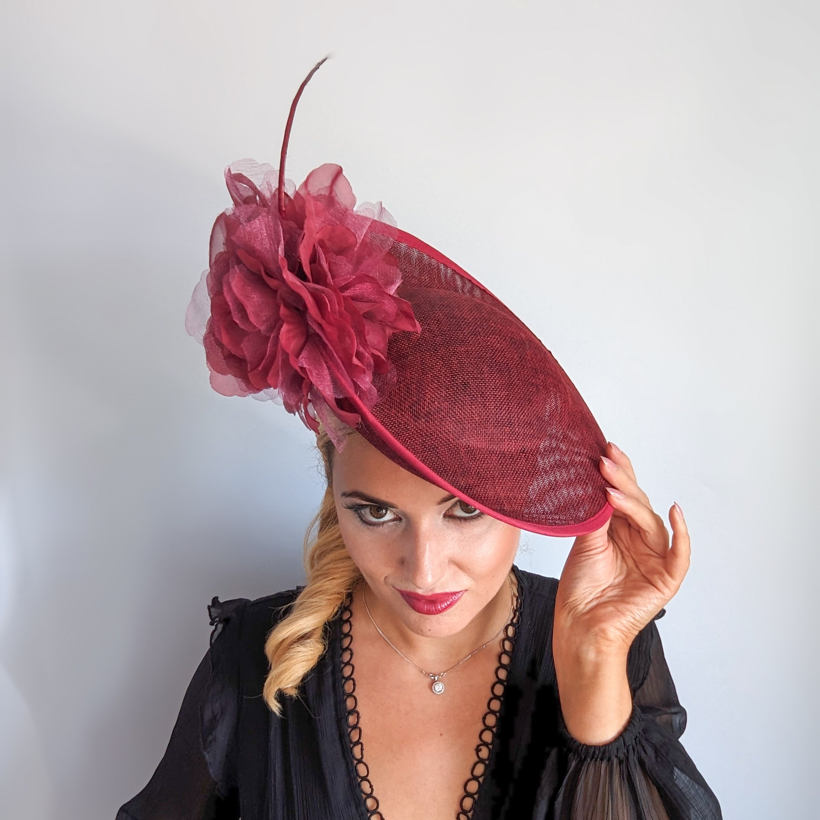 Burgundy large flower saucer disc fascinator hat