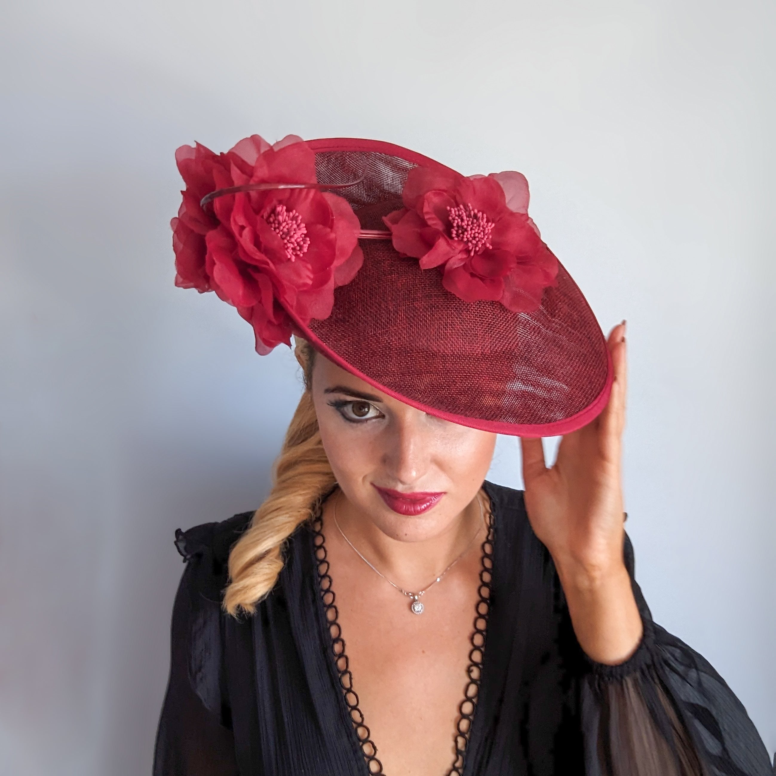 Burgundy large flower saucer disc fascinator hat