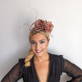 Rose gold shimmer rose flower fascinator hat