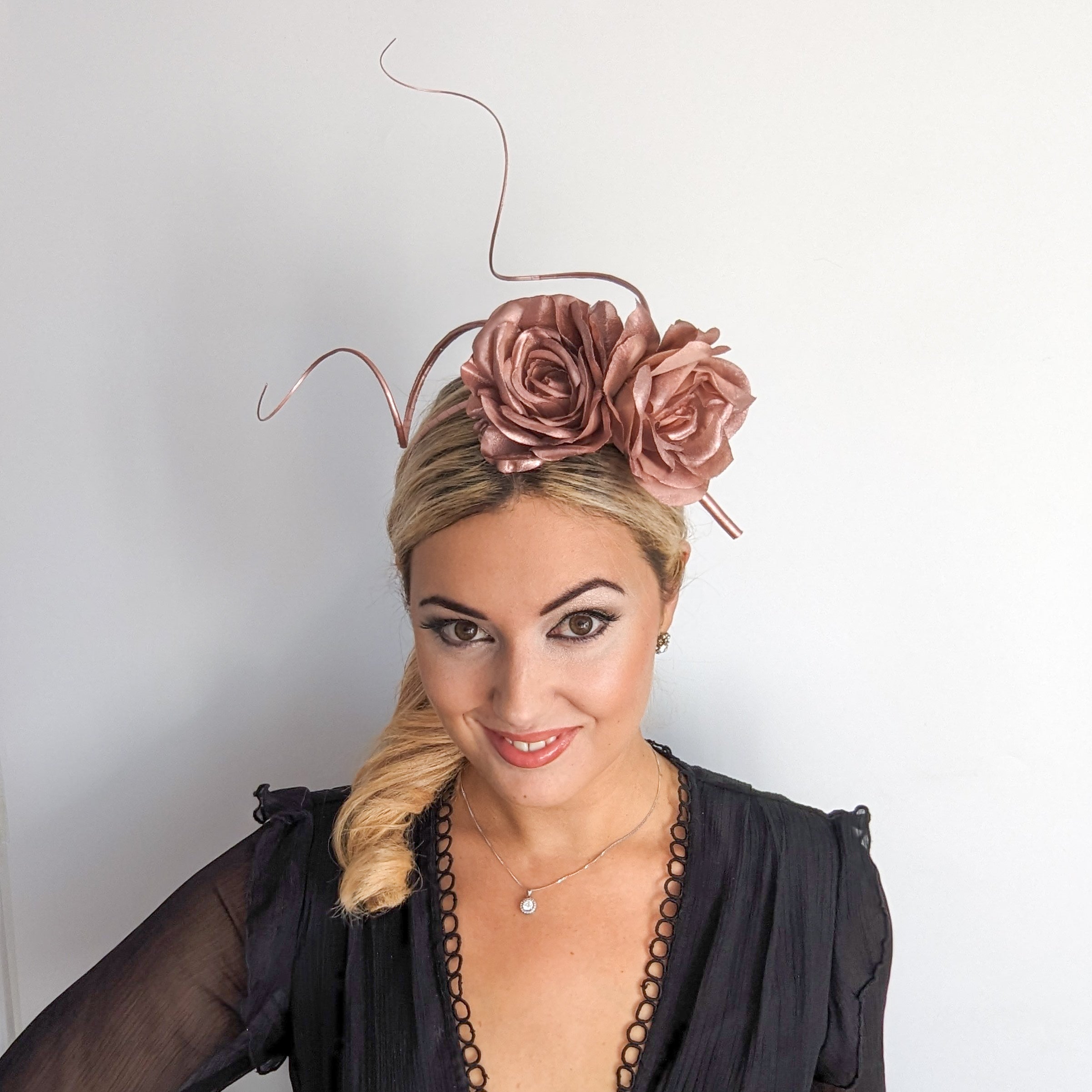 Rose gold shimmer rose flower fascinator hat