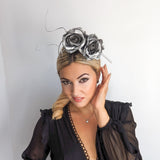 Silver shimmer rose flower fascinator hat