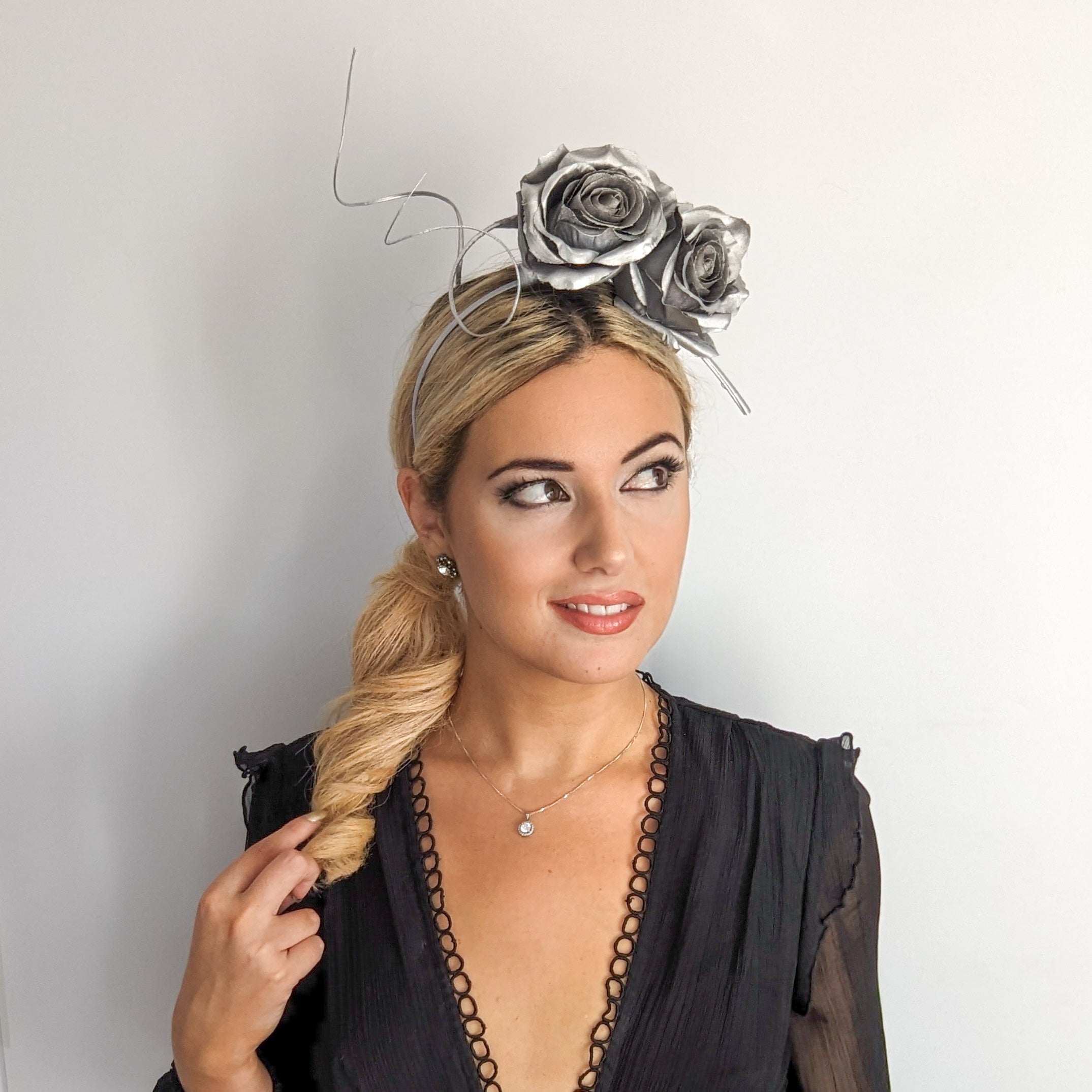 Silver shimmer rose flower fascinator hat