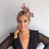 Rose gold shimmer feather petal fan fascinator hat