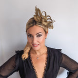 Gold shimmer crystal feather fascinator hat