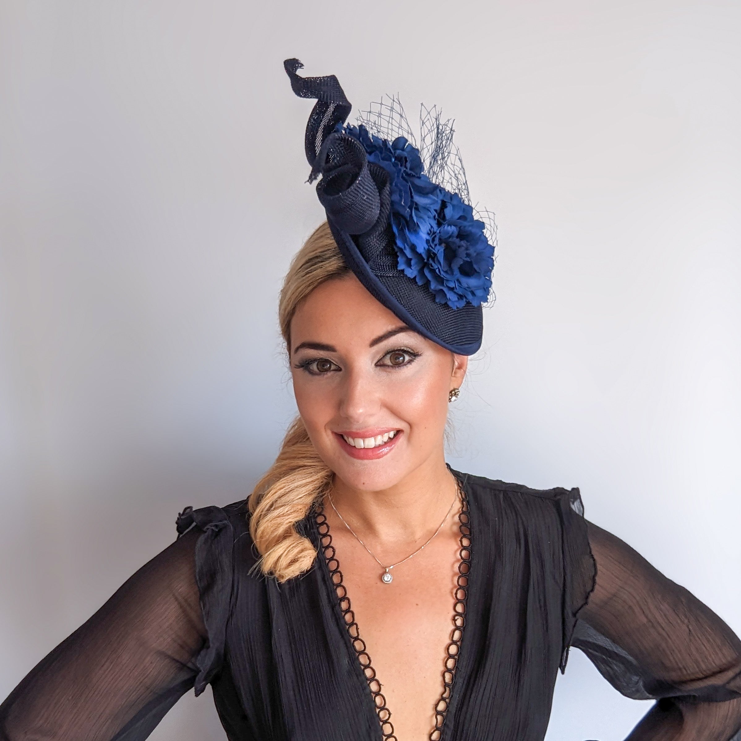 Navy blue flower fascinator disc saucer hat