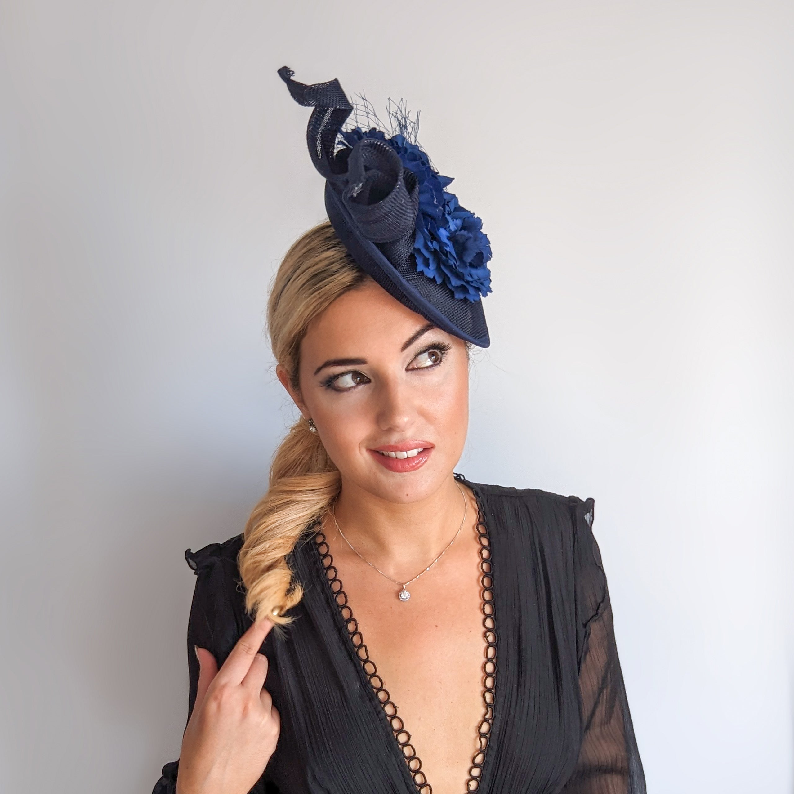 Navy blue flower fascinator disc saucer hat