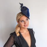 Navy blue flower fascinator disc saucer hat