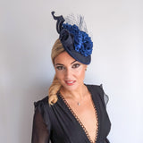 Navy blue flower fascinator disc saucer hat