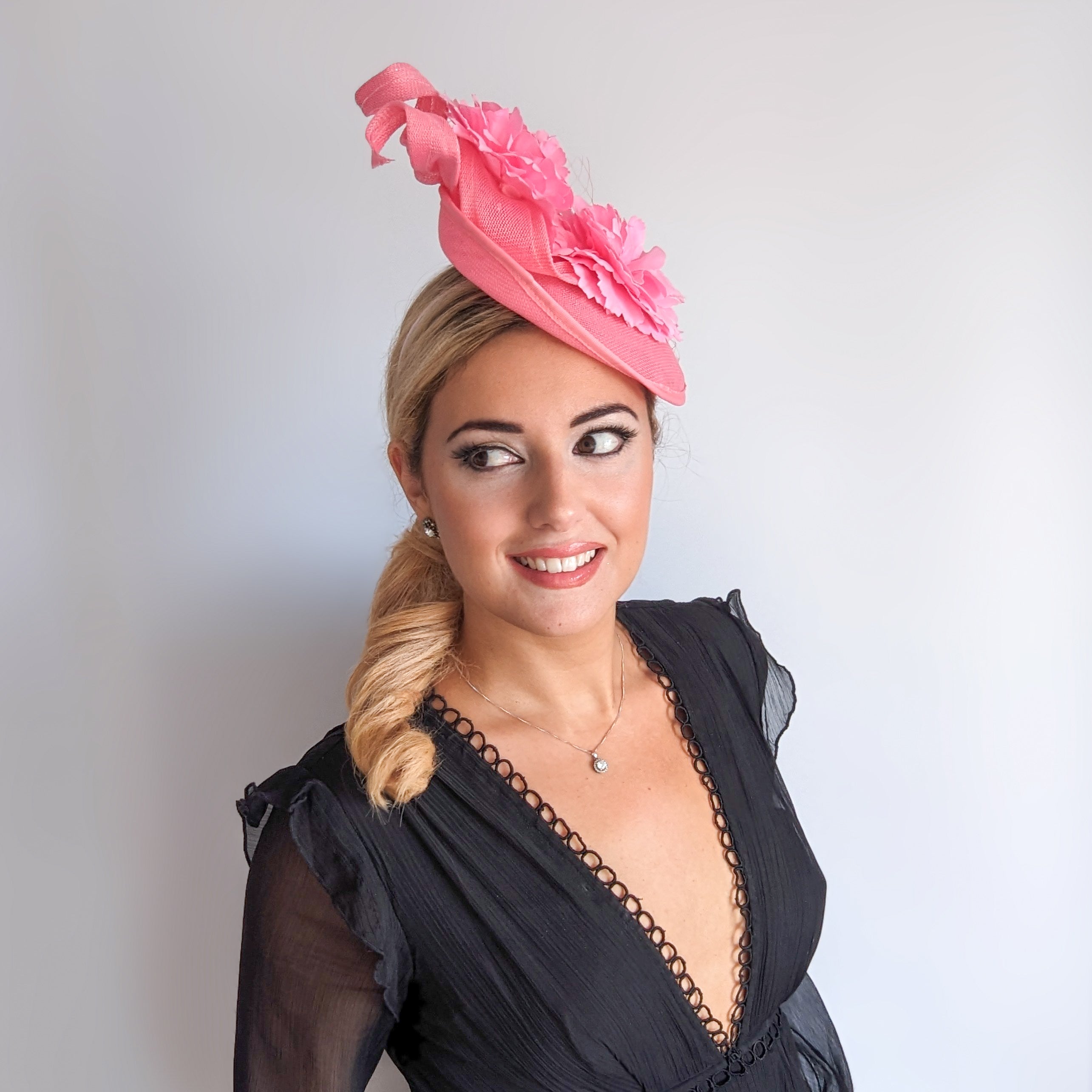 Pink flower fascinator disc saucer hat