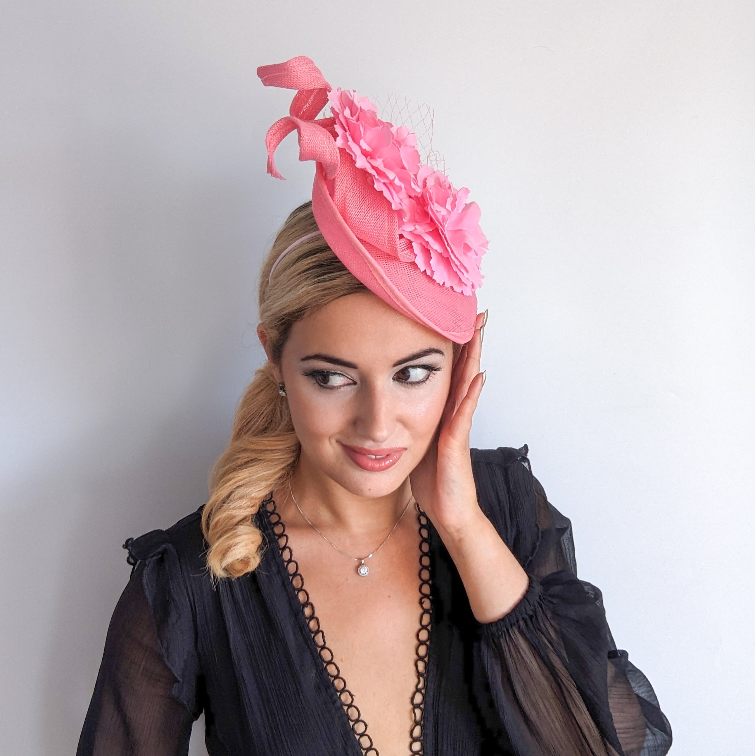 Pink flower fascinator disc saucer hat