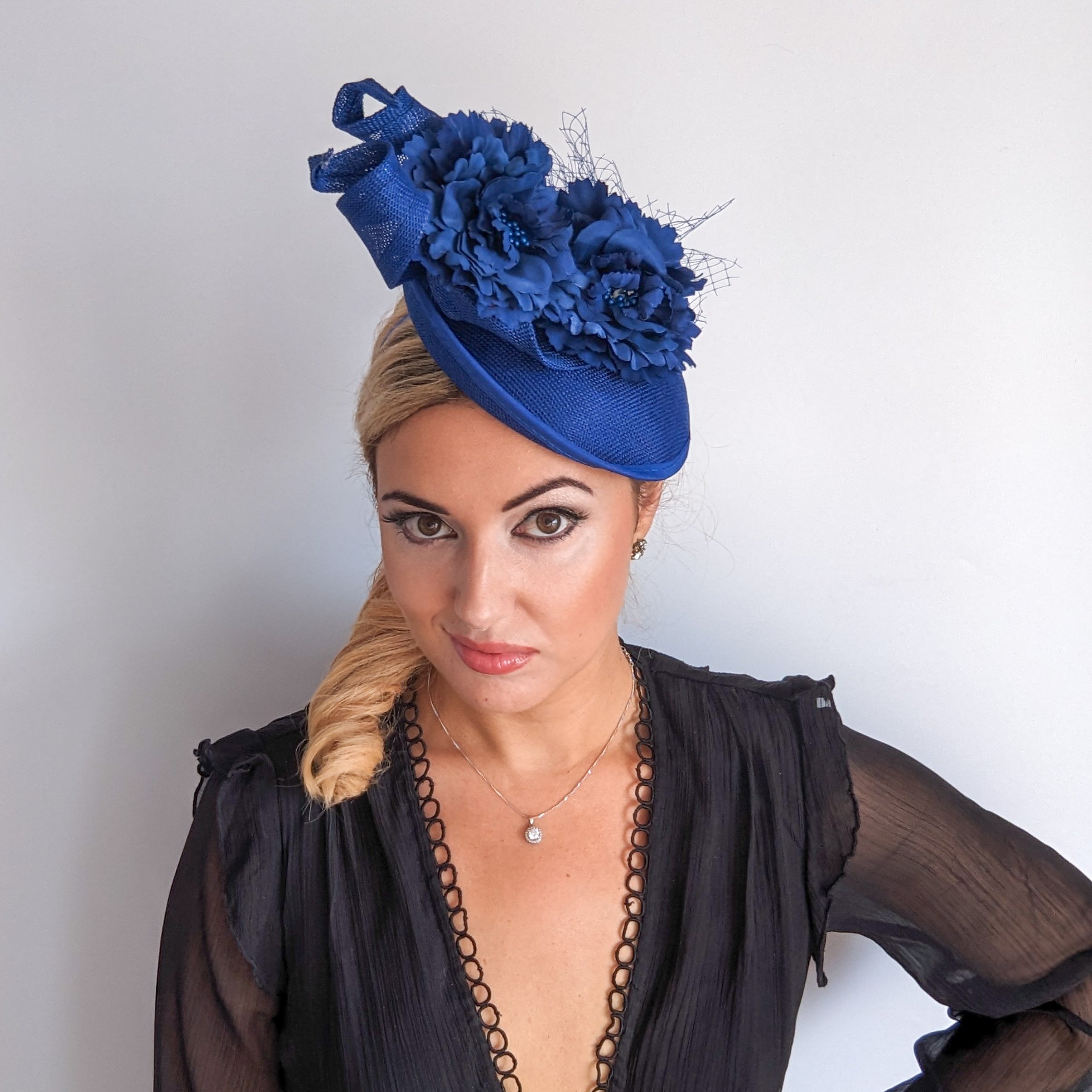 Royal cobalt blue flower fascinator disc saucer hat