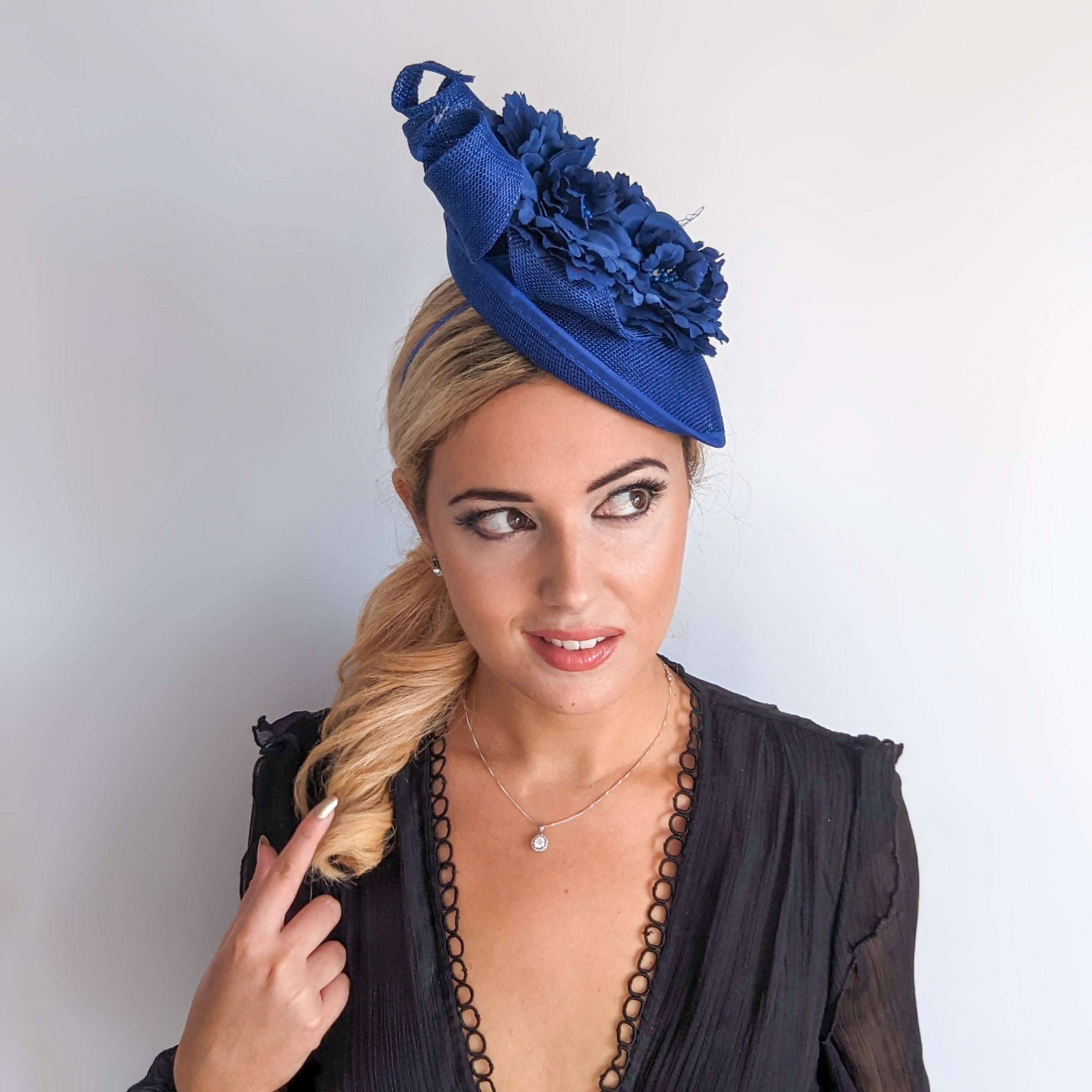 Royal cobalt blue flower fascinator disc saucer hat