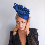 Royal cobalt blue flower fascinator disc saucer hat