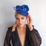 Royal cobalt blue flower disc saucer fascinator hat