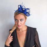 Royal cobalt blue crystal feather fascinator hat