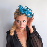 Dark aqua blue crystal feather fascinator hat