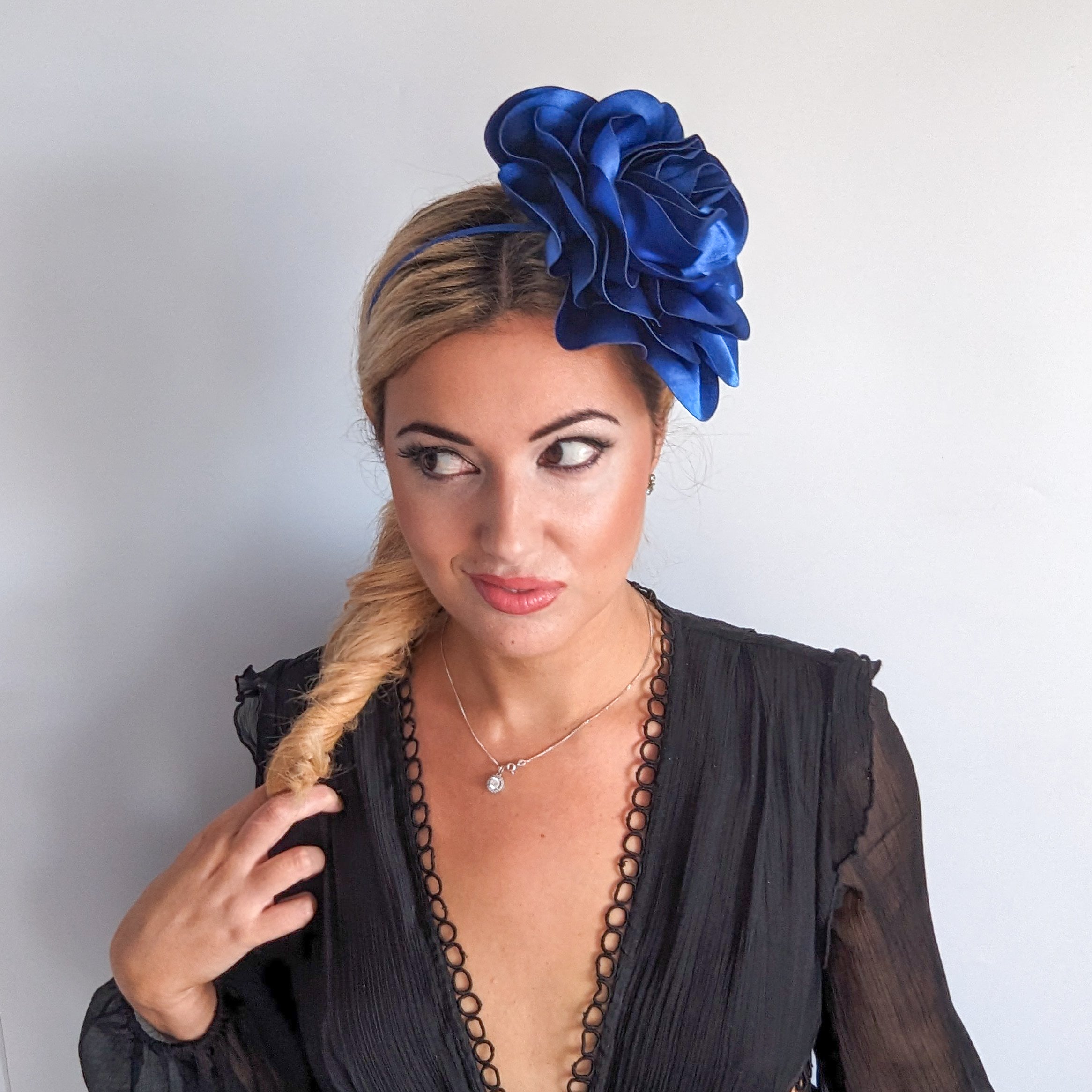 Large royal cobalt blue satin rose fascinator hat