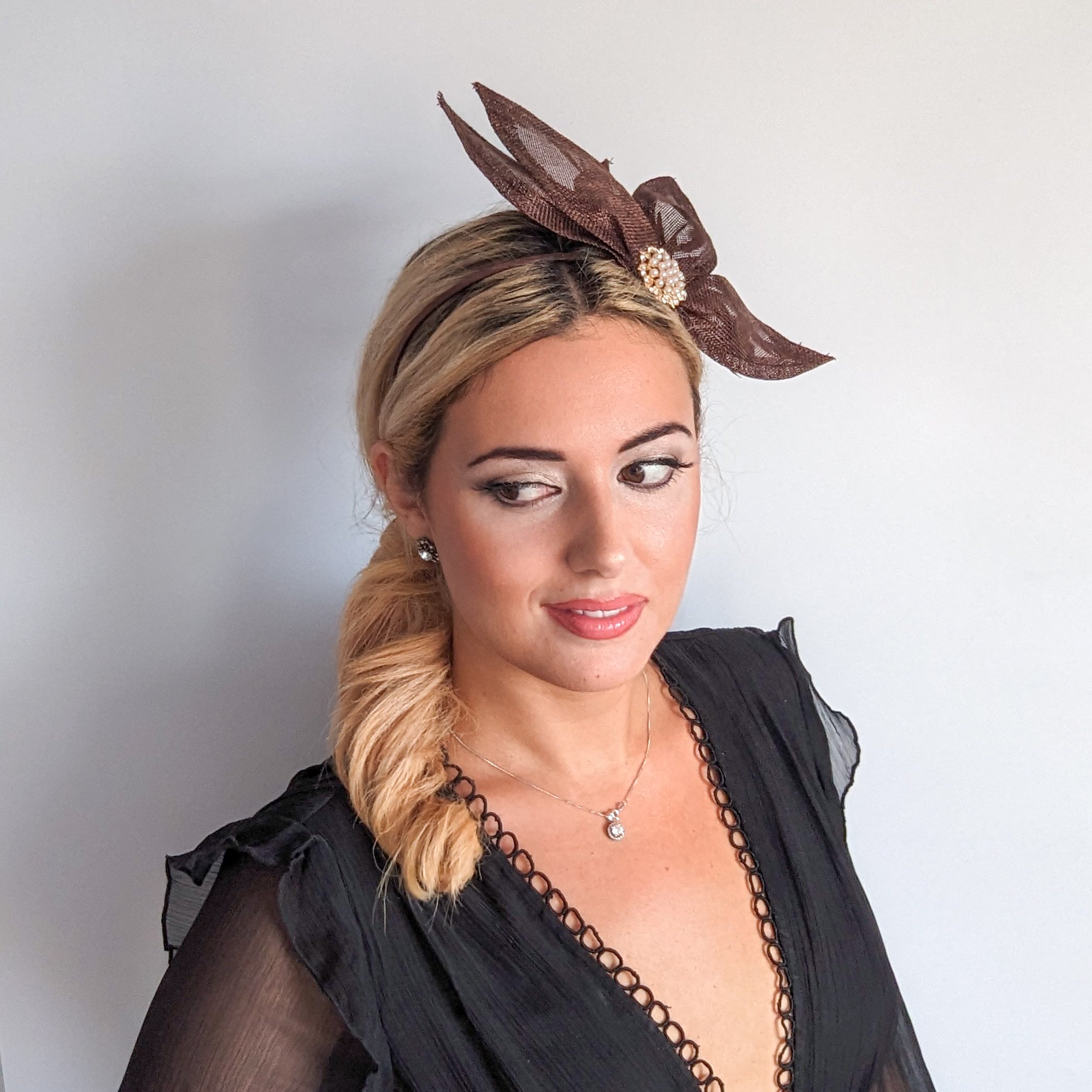 Chocolate brown feather petal fan fascinator hat