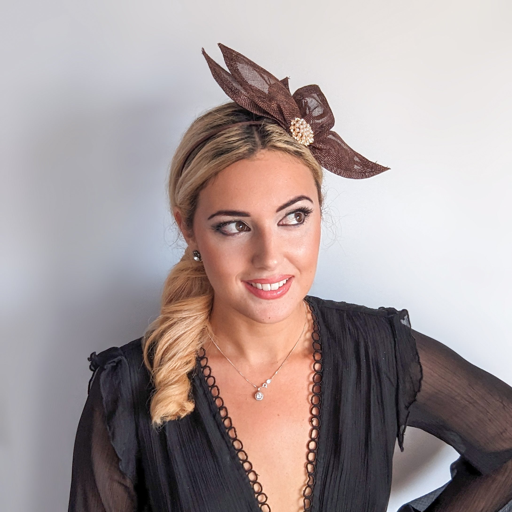 Chocolate brown feather petal fan fascinator hat