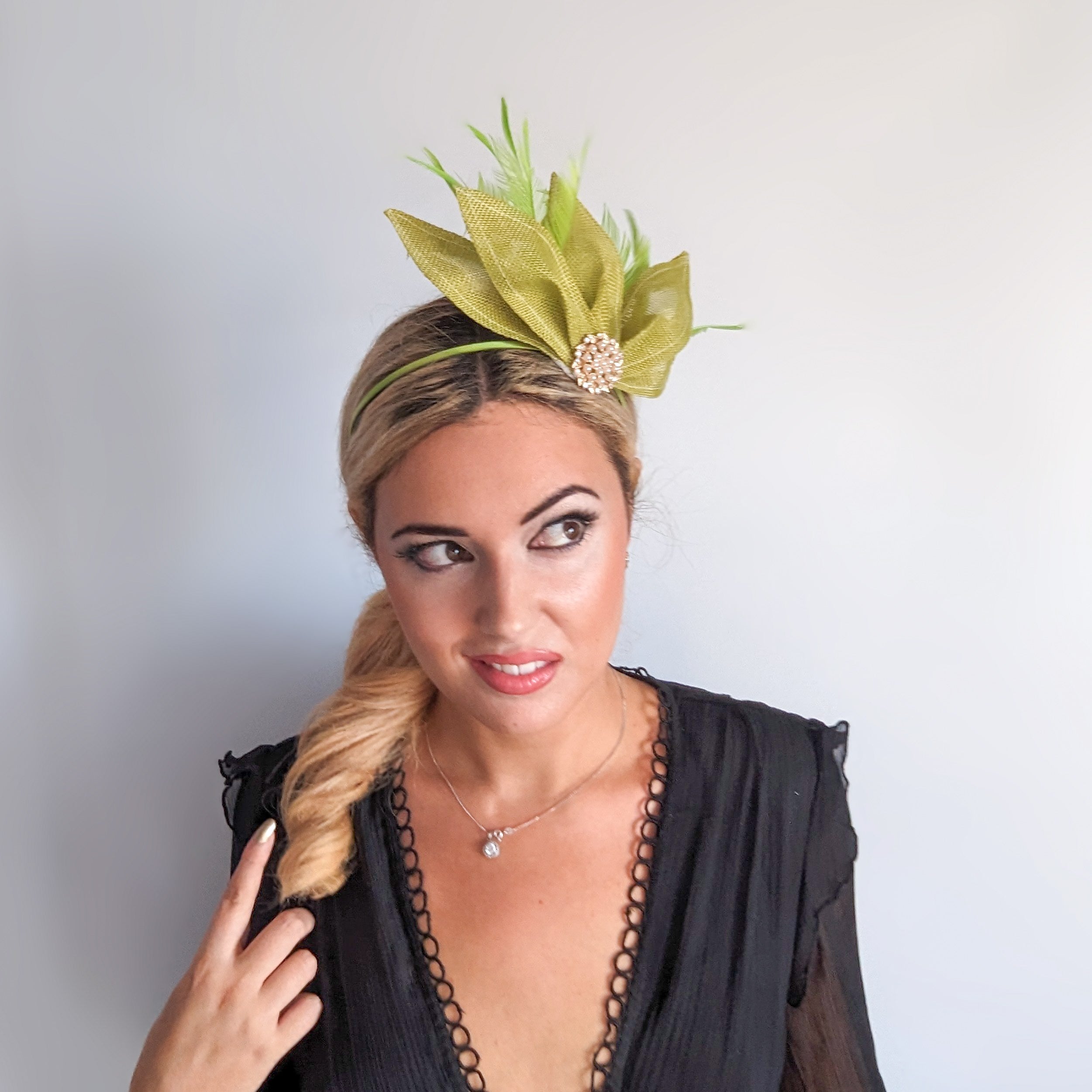 Matcha lime green feather petal fan fascinator hat