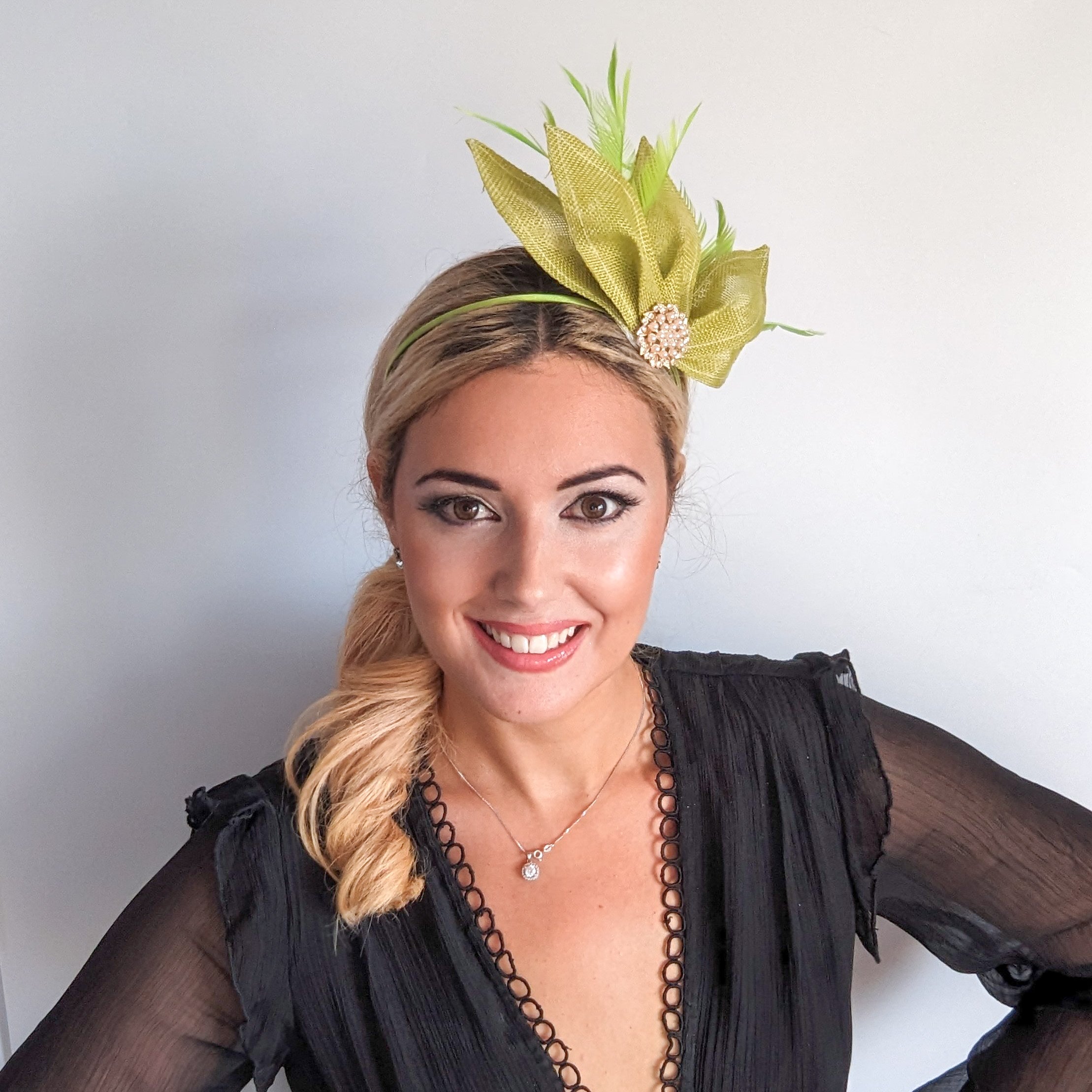 Matcha lime green feather petal fan fascinator hat