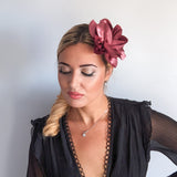 Dusty mulberry satin rose fascinator hat