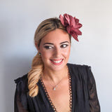 Dusty mulberry satin rose fascinator hat