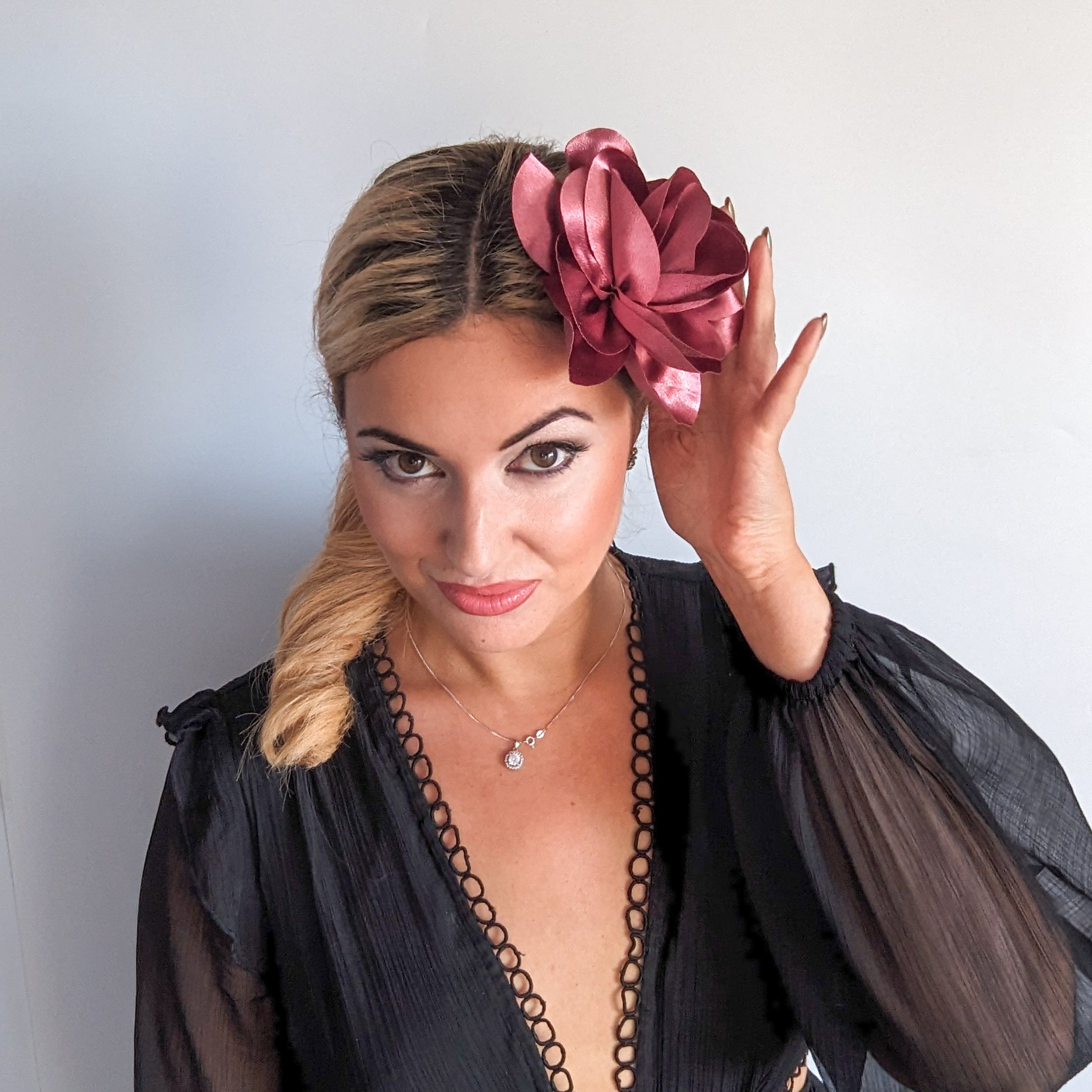 Dusty mulberry satin rose fascinator hat