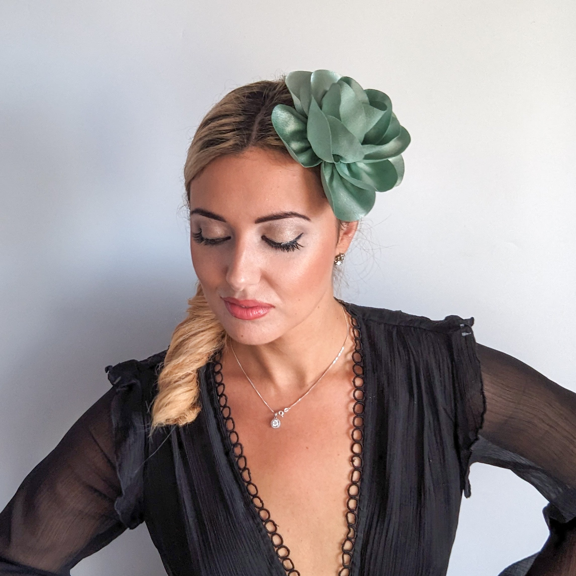 Pastel mint green satin rose fascinator hat