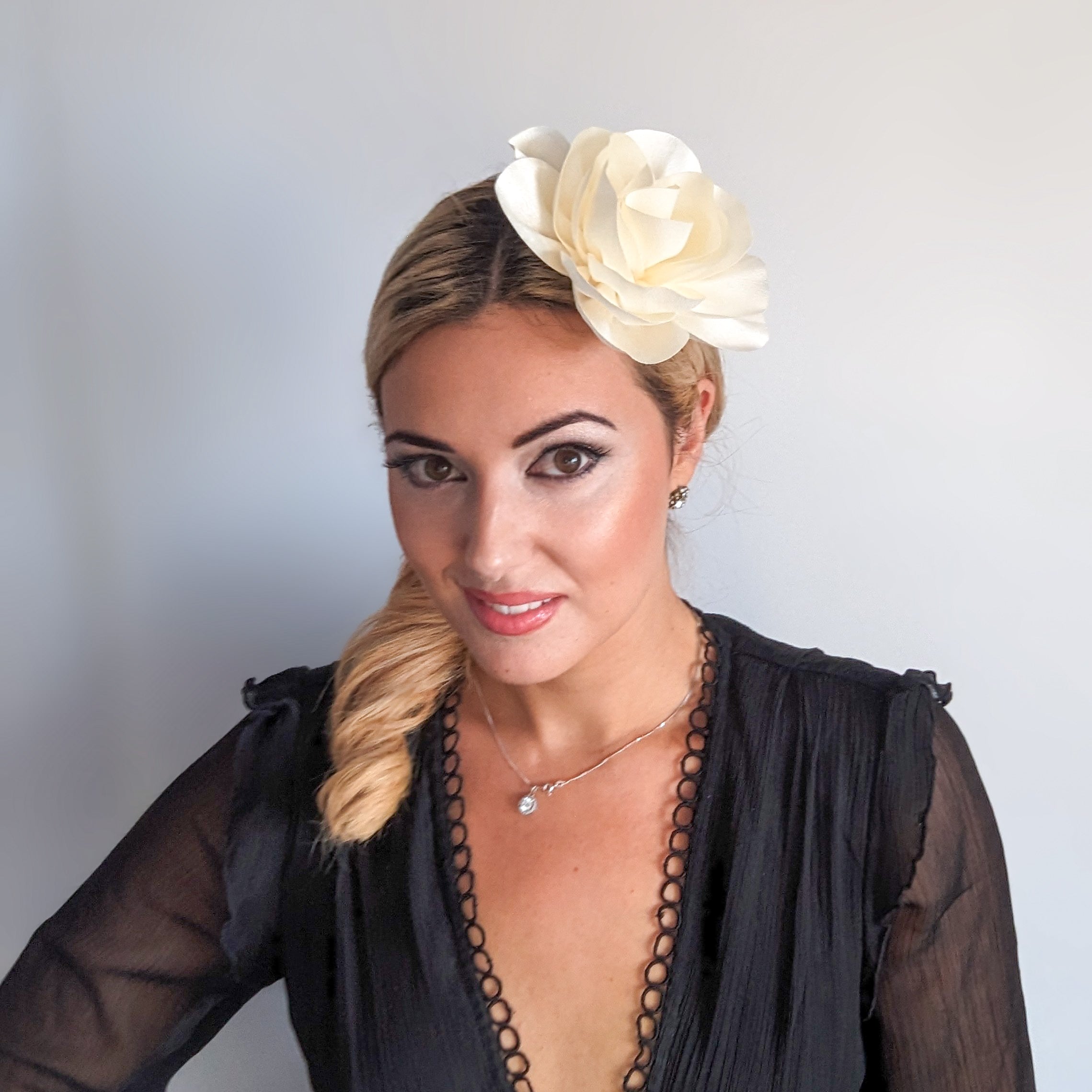 Cream satin rose fascinator hat