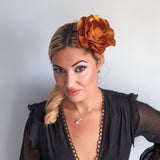 Bronze gold satin rose fascinator hat