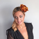 Bronze gold satin rose fascinator hat