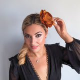 Bronze gold satin rose fascinator hat