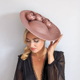 Rose gold shimmer flower large saucer disc fascinator hat