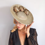 Gold shimmer flower large saucer disc fascinator hat