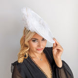 White large flower saucer disc fascinator hat