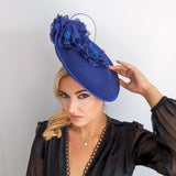 Royal cobalt blue large flower saucer disc fascinator hat