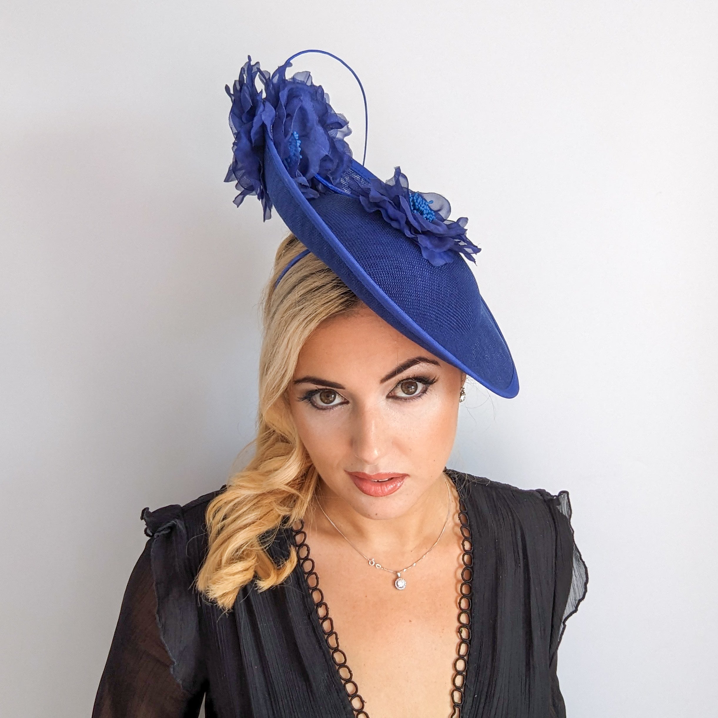 Royal cobalt blue large flower saucer disc fascinator hat