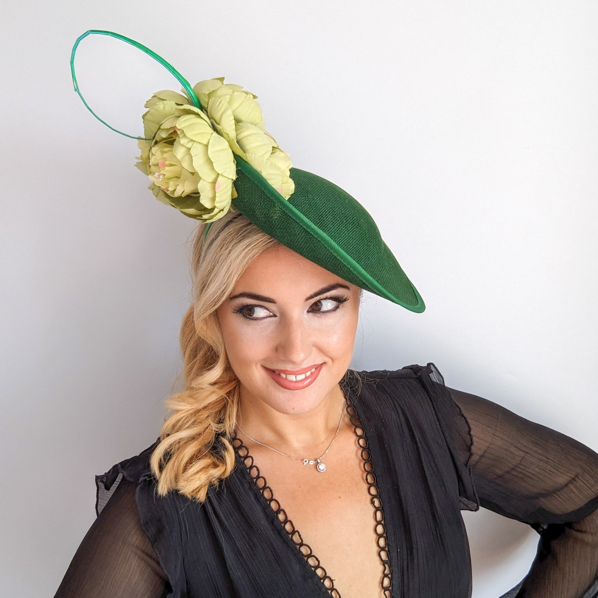 Emerald green large flower saucer disc fascinator hat