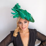 Emerald green feather large saucer disc fascinator hat