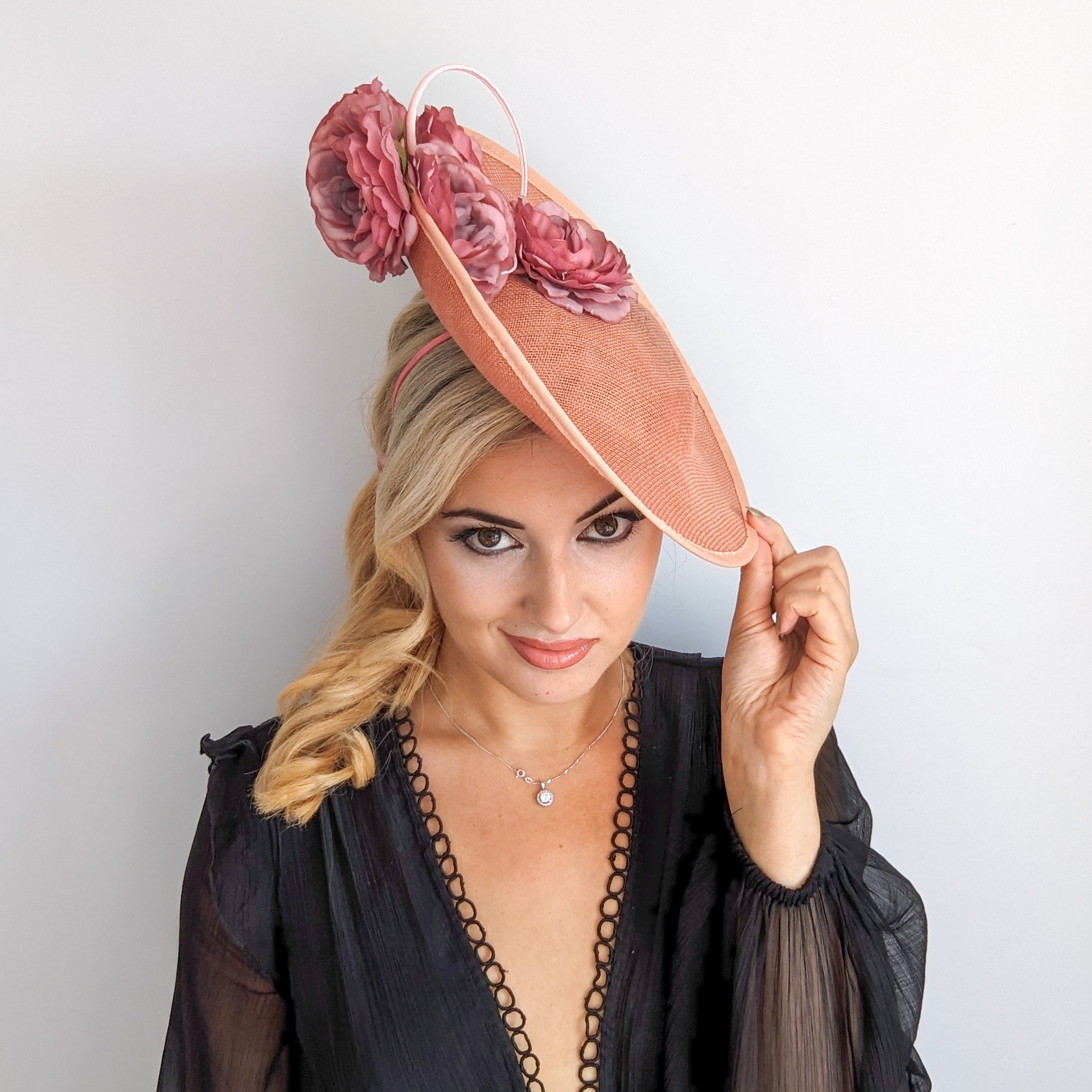 Terracotta dusty pink large flower saucer disc fascinator hat