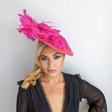 Fuchsia pink large feather saucer disc fascinator hat