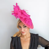 Fuchsia pink large feather saucer disc fascinator hat