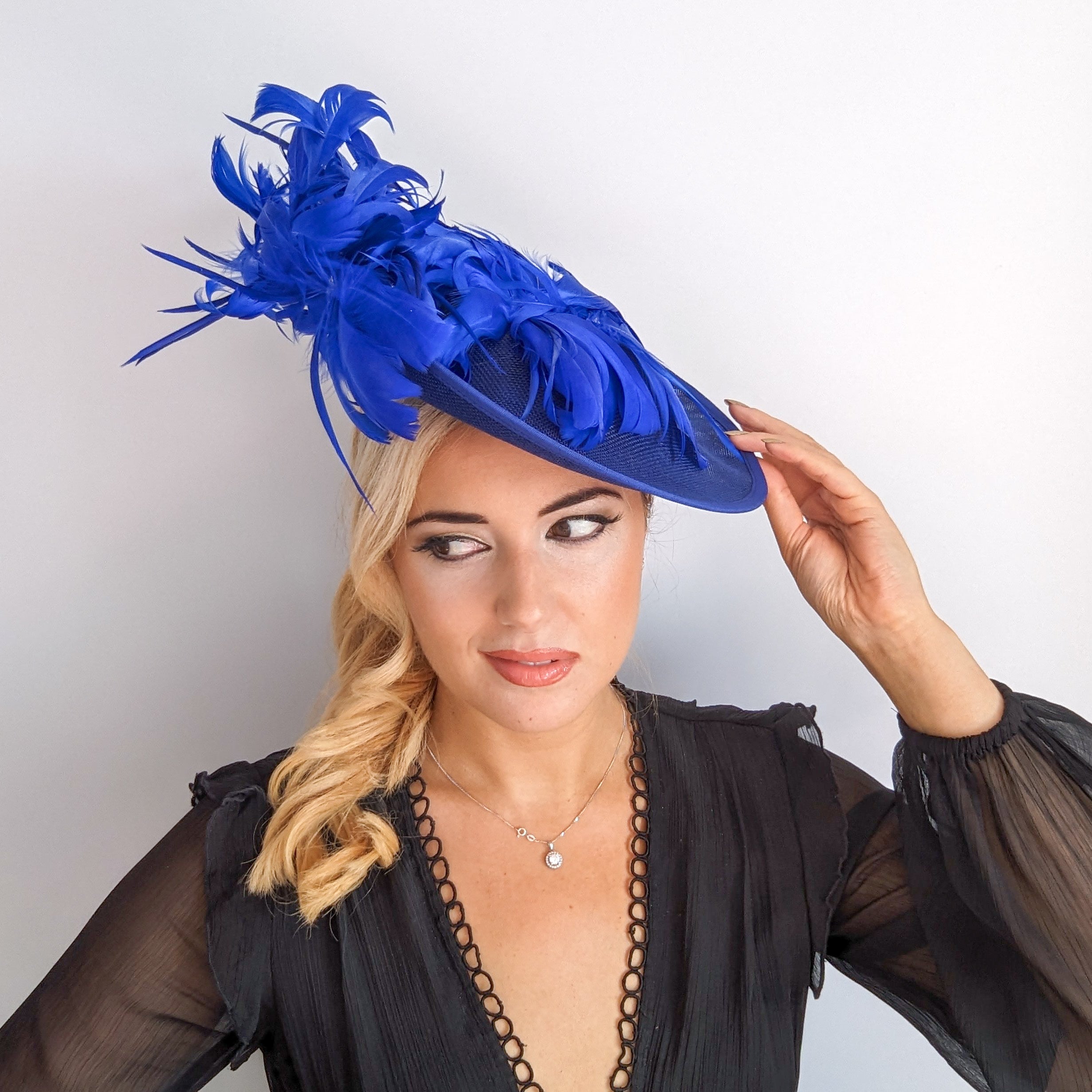 Royal cobalt blue large feather saucer disc fascinator hat