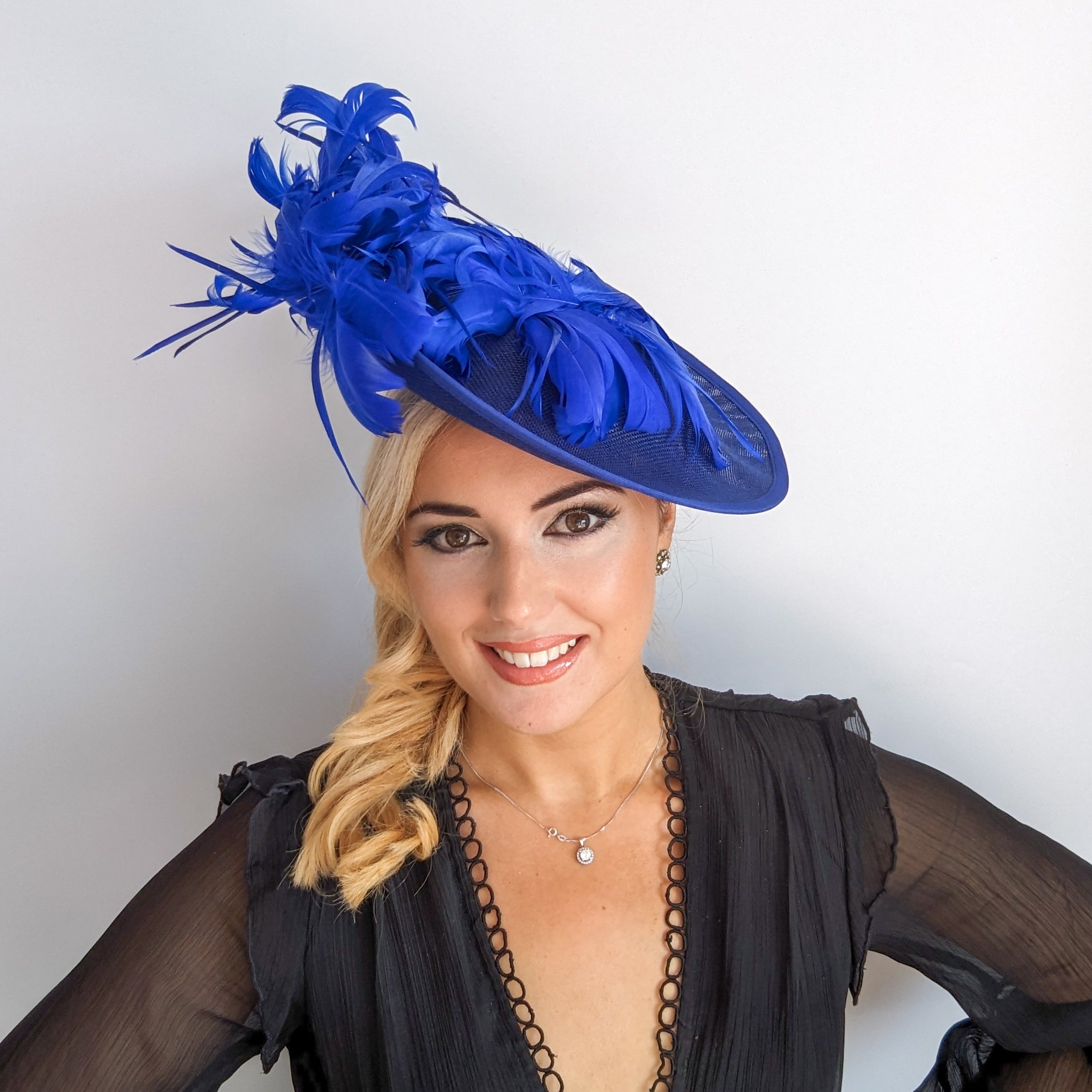 Royal cobalt blue large feather saucer disc fascinator hat