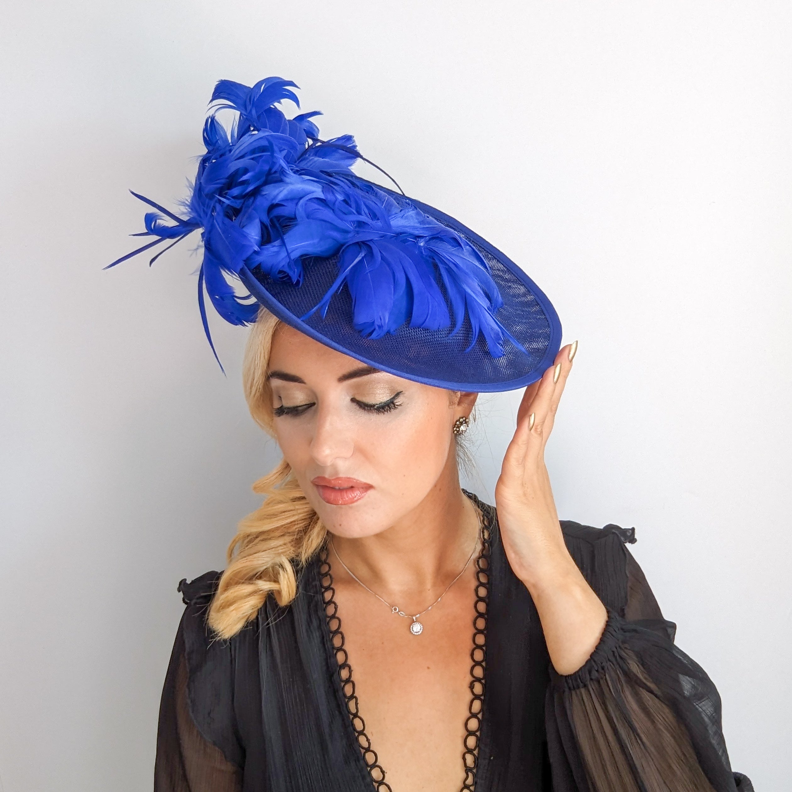 Royal cobalt blue large feather saucer disc fascinator hat