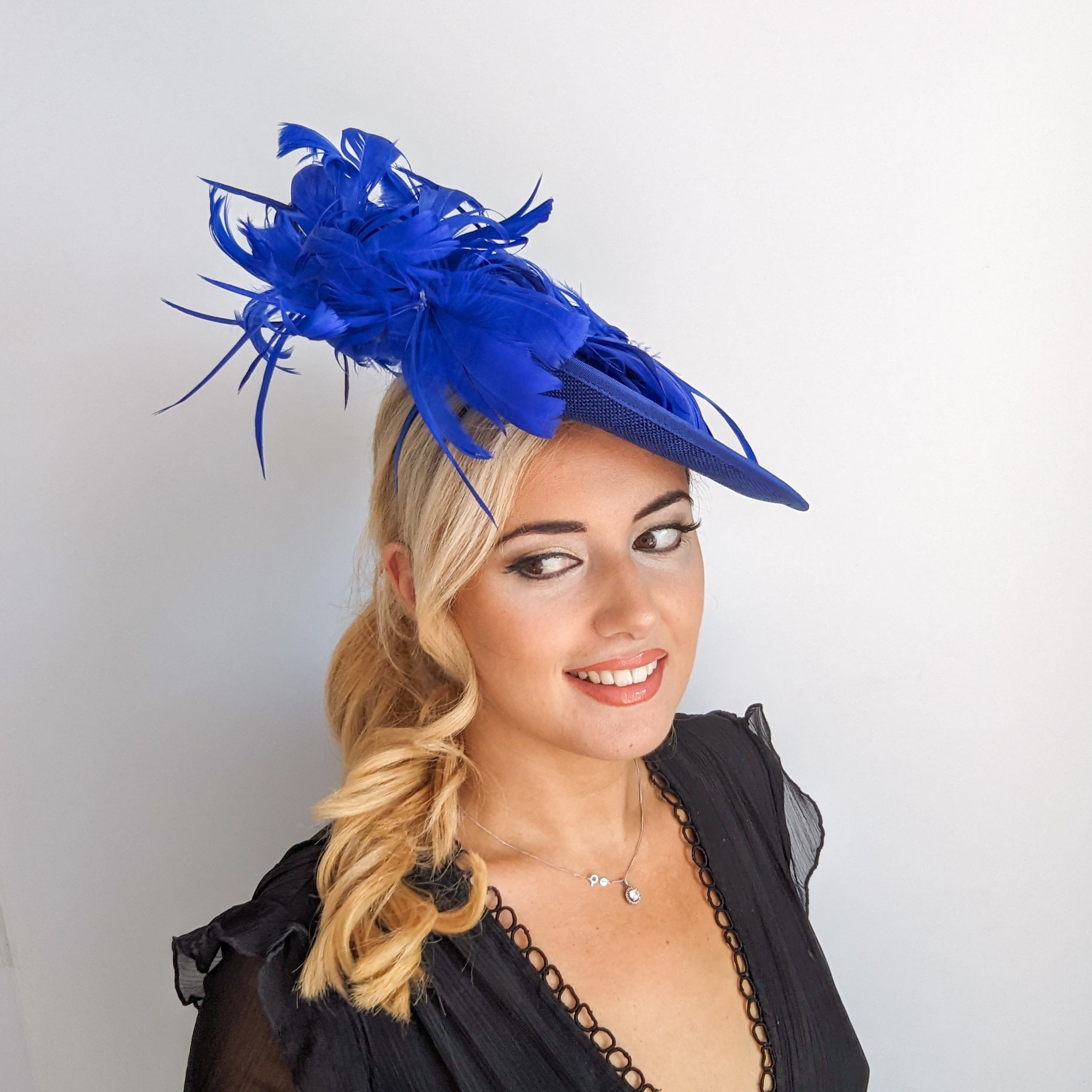 Royal cobalt blue large feather saucer disc fascinator hat