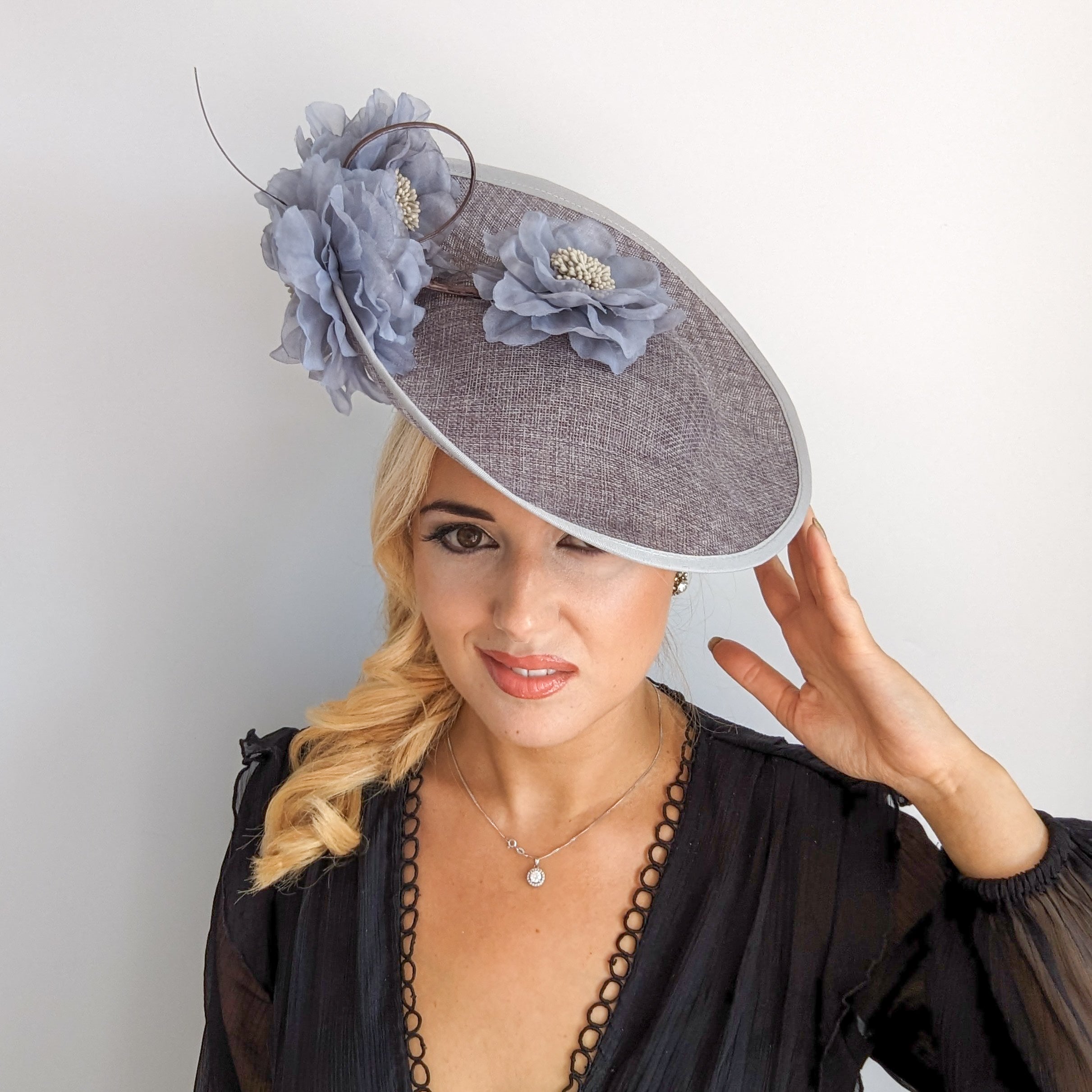 Grey large flower saucer disc fascinator hat