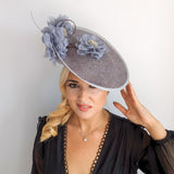 Grey large flower saucer disc fascinator hat